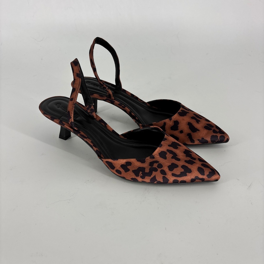 Open Edit Cammie Kitten Heel Slingback Pump Tan Leopard Women Size 6 Pointed Toe